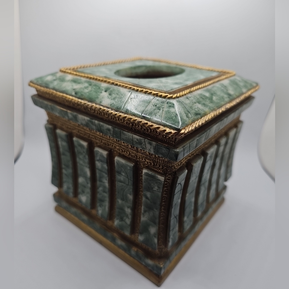 Vintage 90s Tissue Box Ornate Green & Gold Aventurine Agate Stone Over Resin